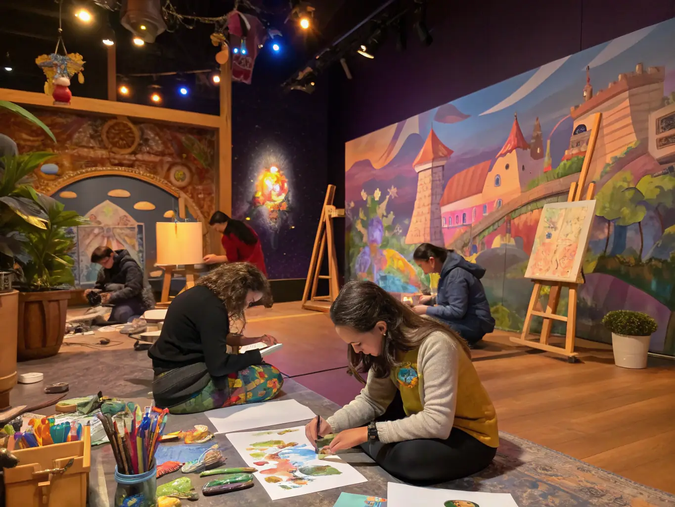 A group of participants engaging in a therapeutic art session, showcasing creativity and emotional expression in a supportive environment at ODYNEO ASSOCIATION.