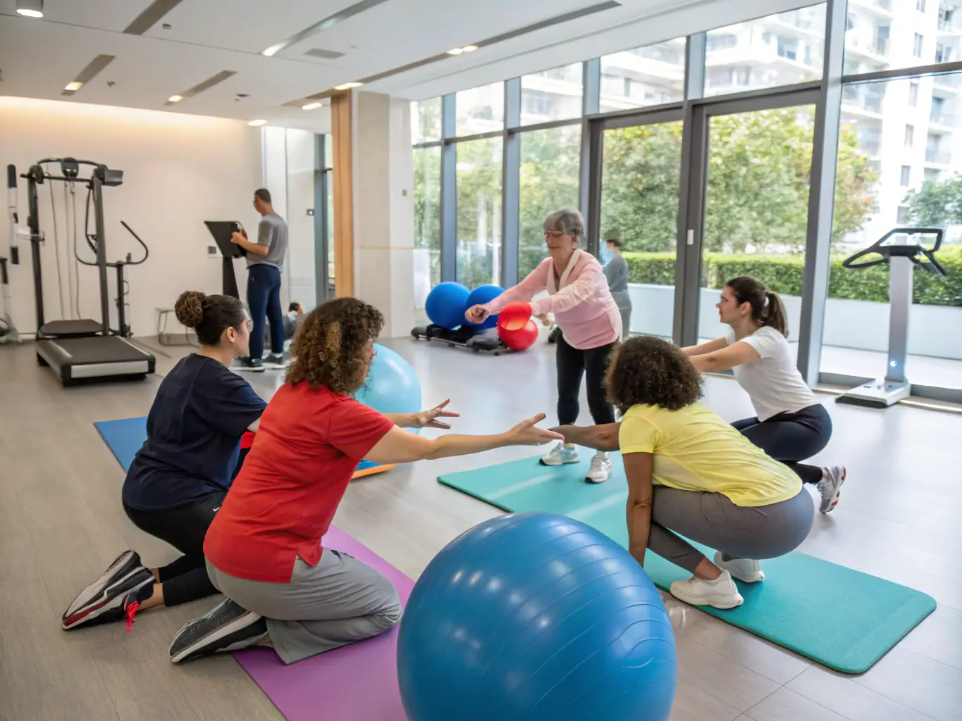 A photograph of individuals participating in a group physiotherapy session, focusing on improving mobility and physical strength at ODYNEO ASSOCIATION.