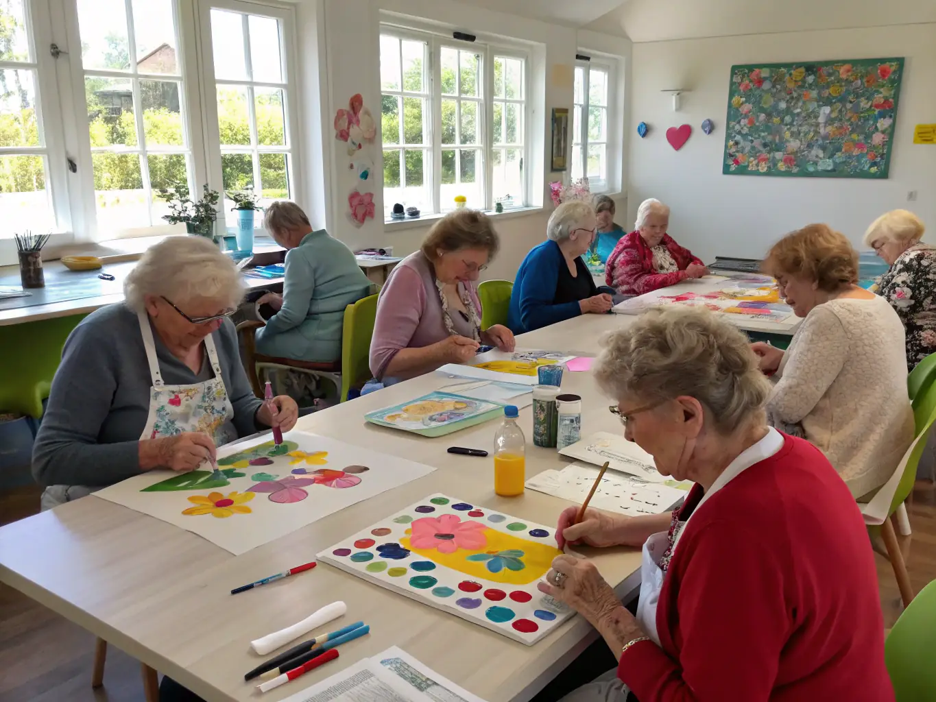 A group of adults with disabilities participating in an adaptive art class, smiling and engaged in their creative projects, showcasing the inclusive and supportive environment of ODYNEO ASSOCIATION's programs.