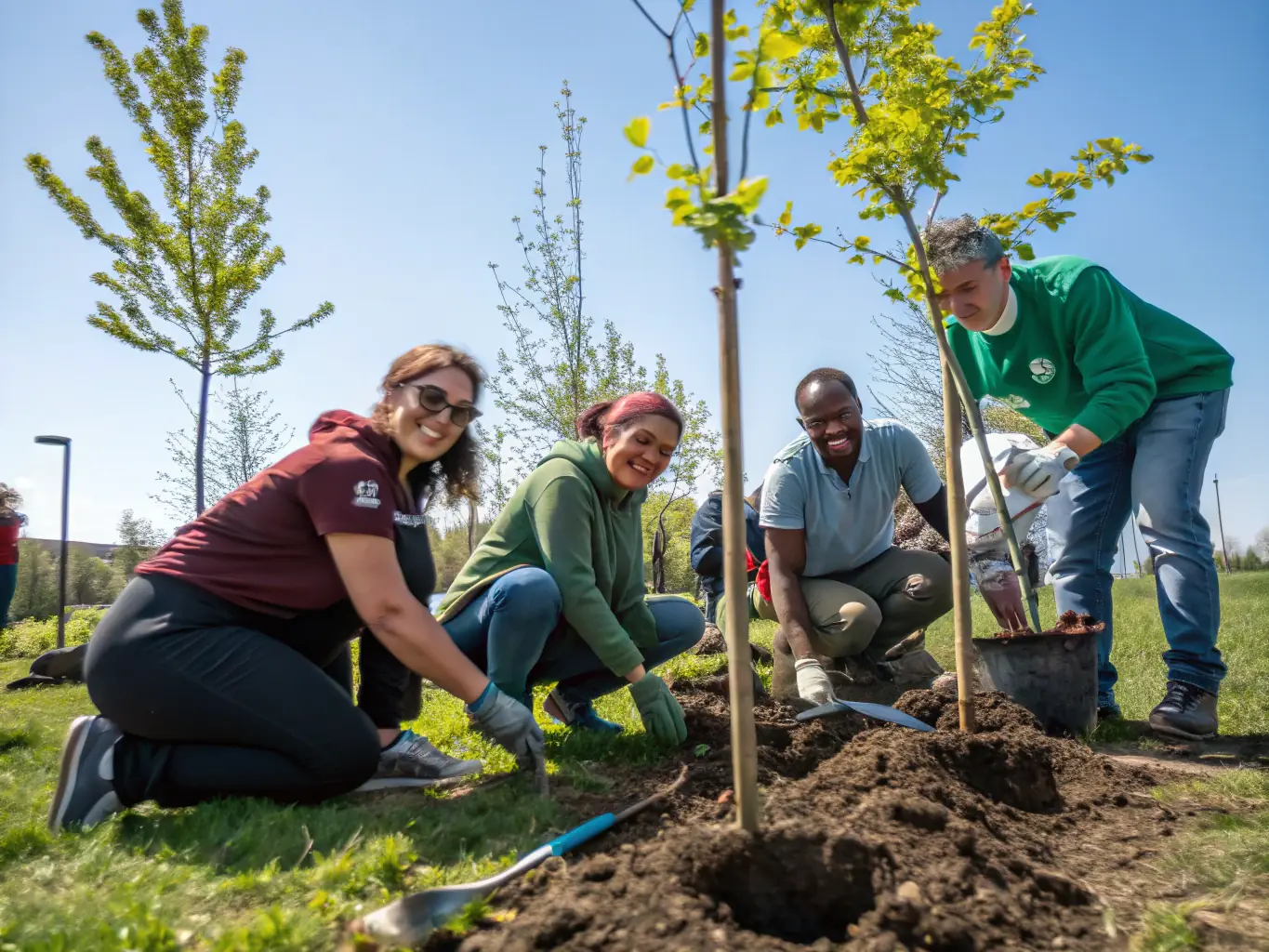 A vibrant photo of volunteers planting trees in a deforested area near Argenton, showcasing AASNP's reforestation efforts.