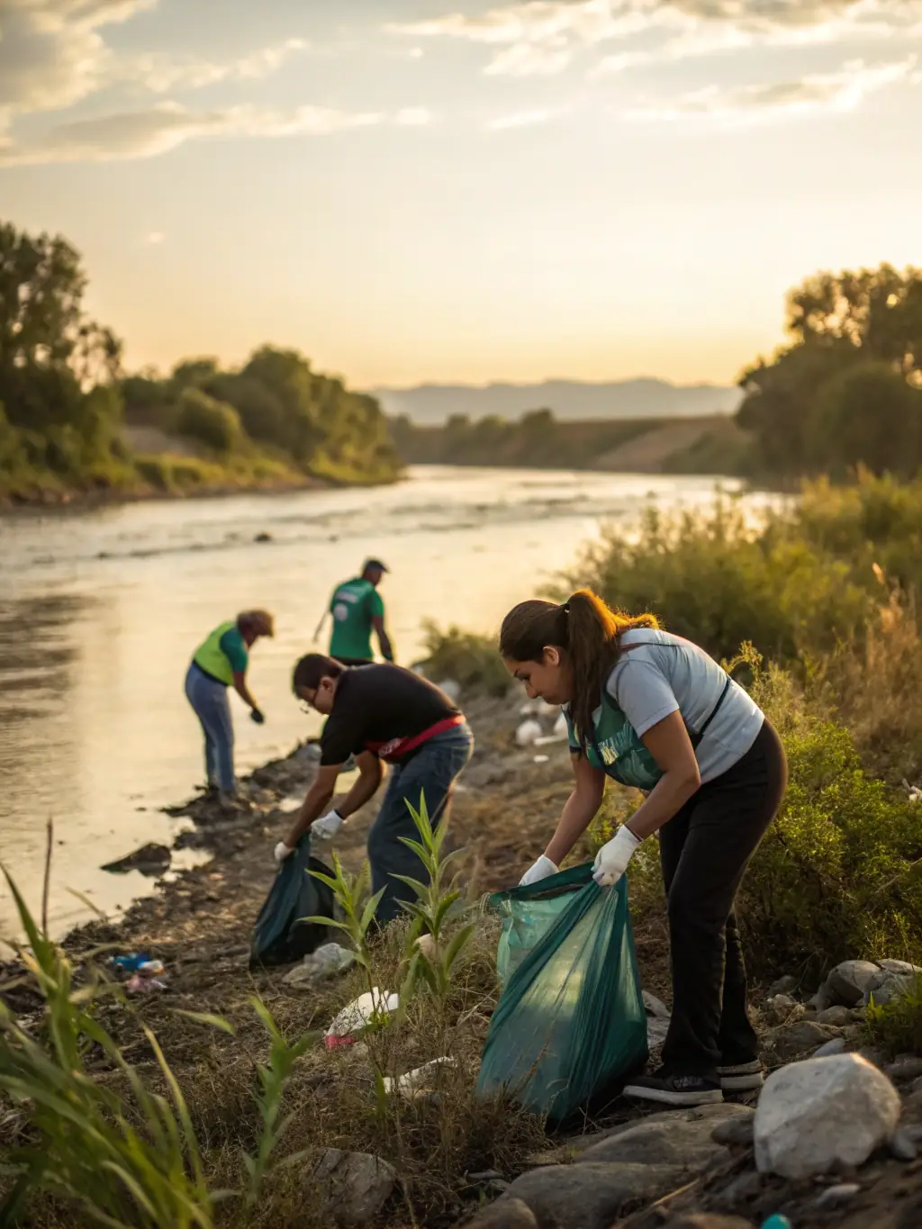 A picture of a group of people cleaning up a riverbank, showcasing AASNP's commitment to environmental conservation.