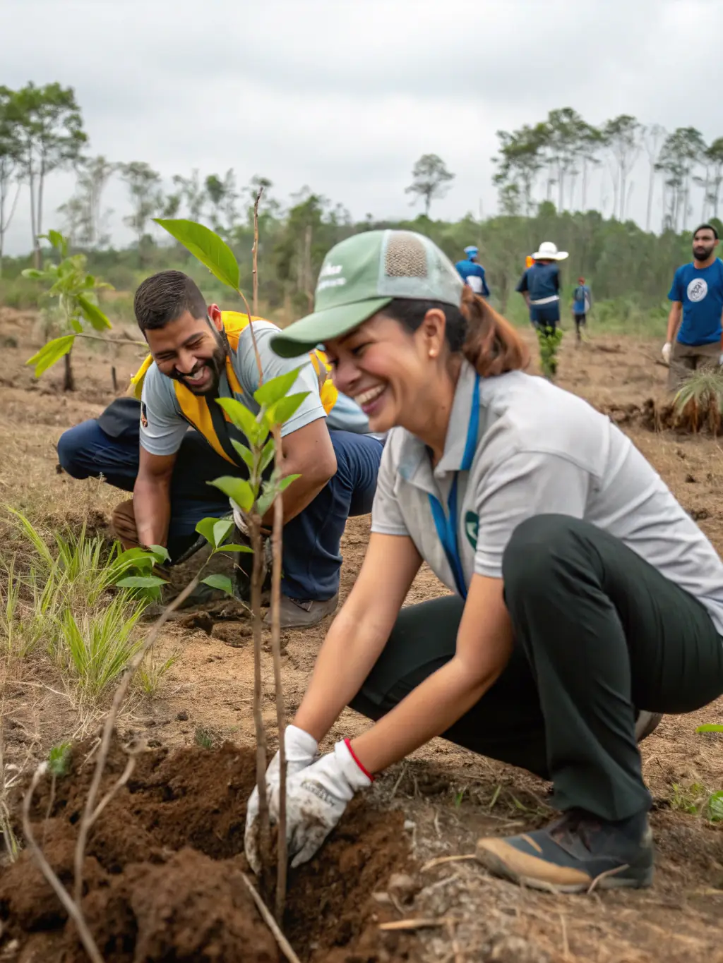 A photograph capturing volunteers planting trees in a deforested area, illustrating AASNP's reforestation program.
